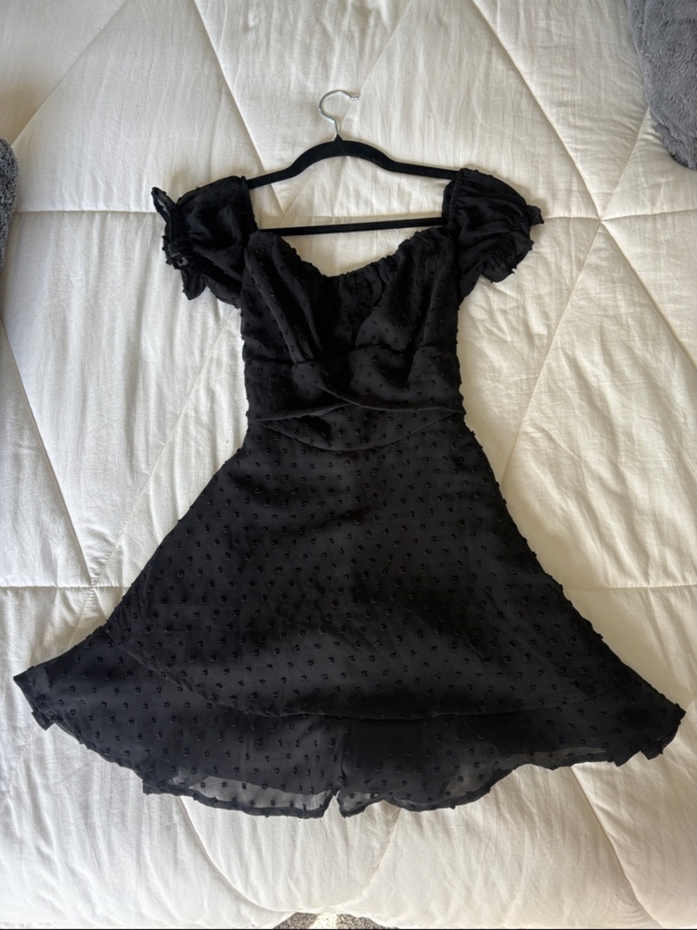 Altar'd State Black Puff-Sleeve Swiss Dot Mini Dress